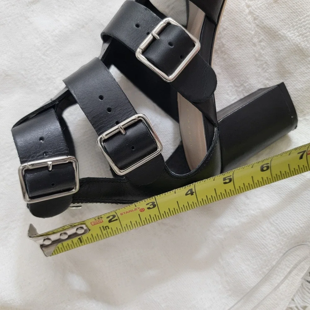 Loeffler Randall Womens 7.5 B Black Leather Gladiator Cage Block Heel Sandals‎